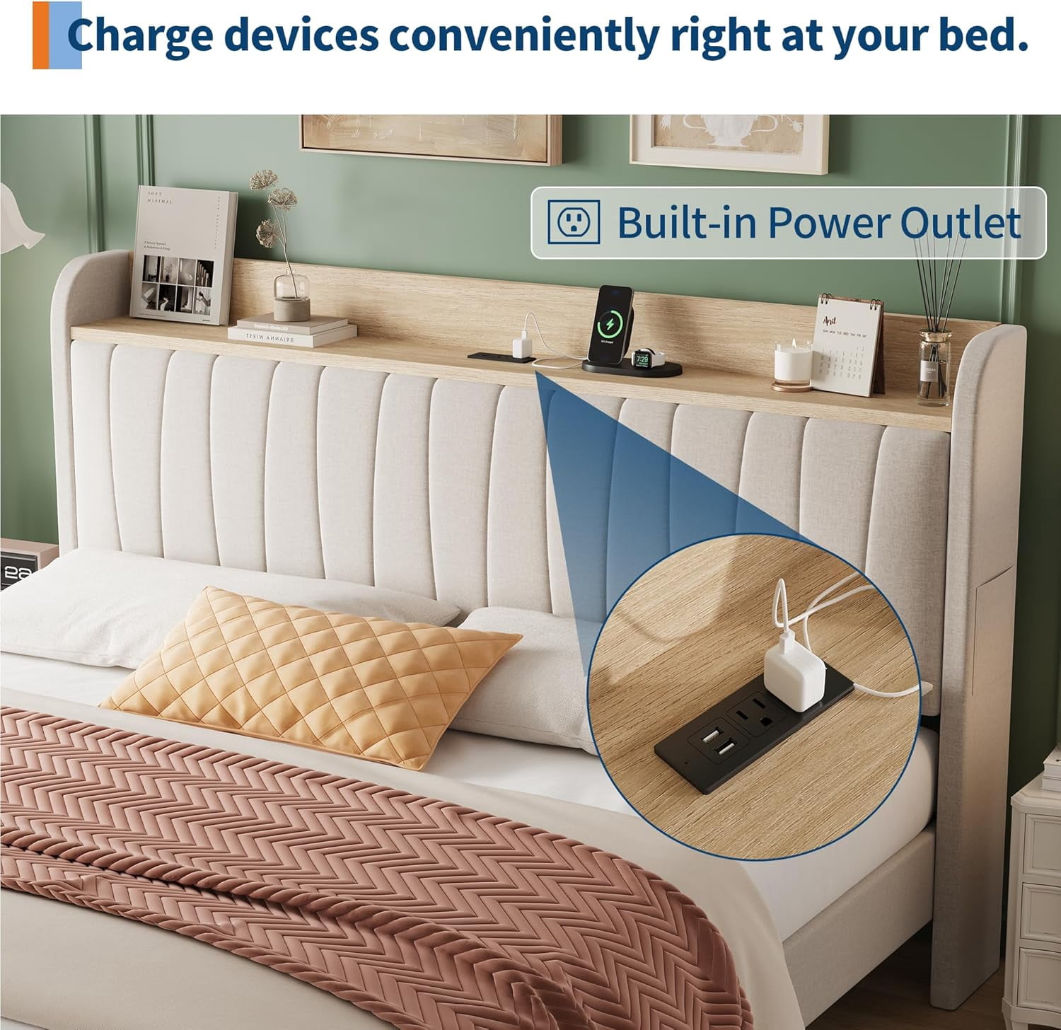 King Size Bed Frame with Storage Headboard, Upholstered Platform Beds with Drawers, Charging Station, Noise-Free, No Box Spring Needed, Easy Assembly, Beige
