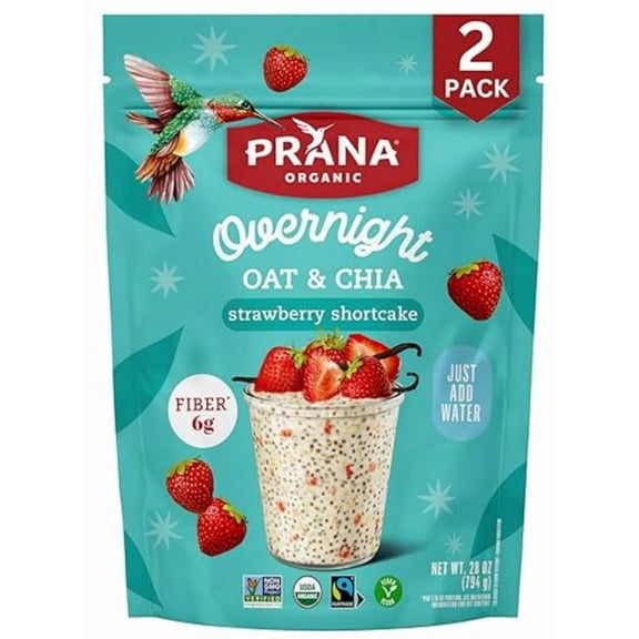 Prana Organic Overnight Chia with Oats Strawberry Shortcake | 28 oz Bags - 2 Pack | Rich in Fiber & Protein, Vegan, Non-GMO | Ready to Eat Breakfast