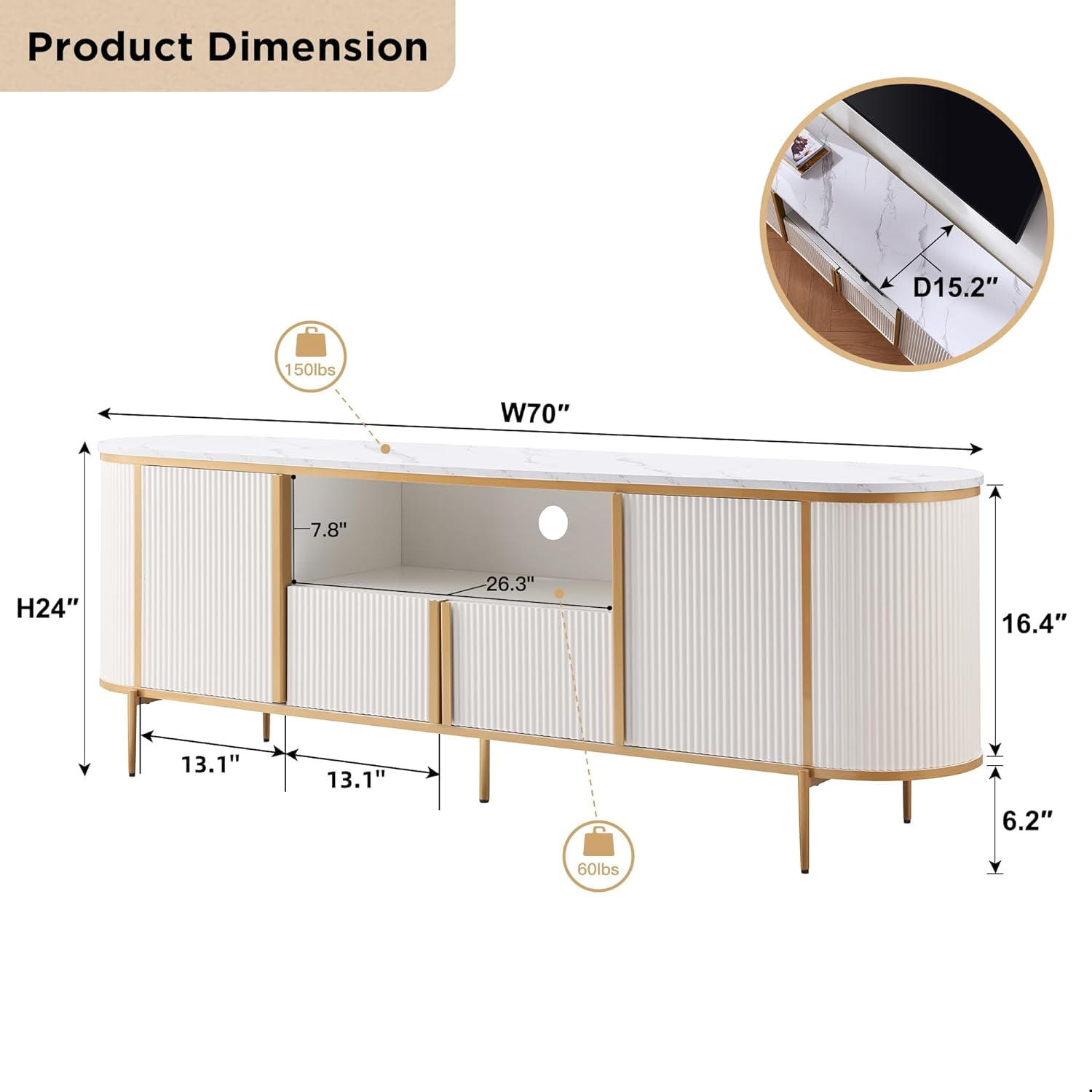 OKD 70" Modern Fluted TV Stand for TVs up to 80", Mid-Century Wooden Entertainment Center for Living Room, Off White