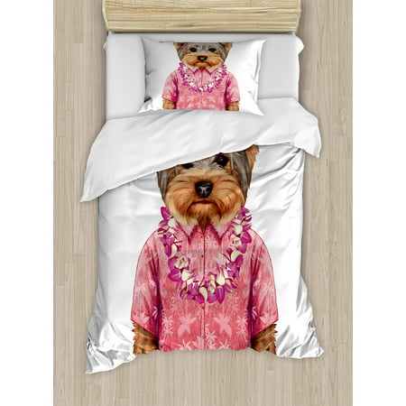 Yorkie Twin Size Duvet Cover Set, Portrait of a Dog in Humanoid Form with a Pink Shirt with Hawaian Lei Fun Image, Decorative 2 Piece Bedding Set with 1 Pillow Sham, Multicolor, by Ambesonne