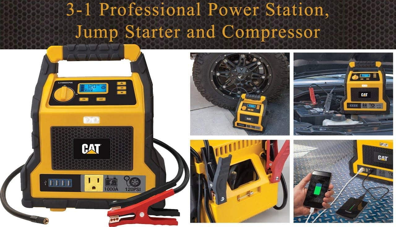 4 USB Ports and Outlet CAT 3 in 1 Professional Power Station with Jump Starter and Compressor 