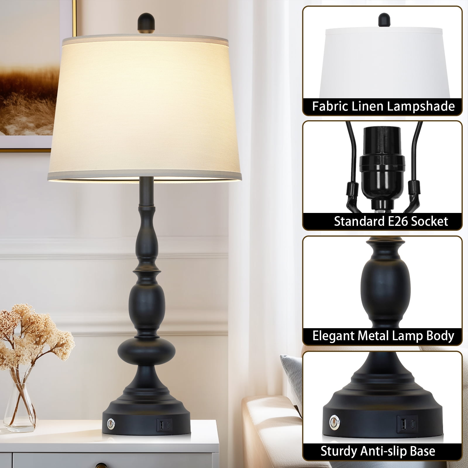 Cinkeda Set of 2 Black Industrial Table Lamps with USB-C & USB-A Ports, 29"  3-Way Dimmable Touch Control Metal Lamp for Bedroom, Living Room
