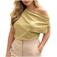 thumbnail image 3 of ClodeEU Women's Off Shoulder Draped Blouse, Casual Solid Color Asymmetric Neck Top Yellow,Women's Plus XXL, 3 of 6