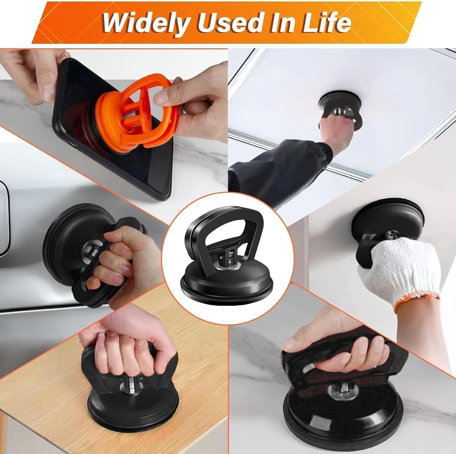 Dent Puller Kit - 3 Pack Suction Cup Dent Remover For Cars, Body, Glass & Screens, With Nano Cloth (Black+Orange)