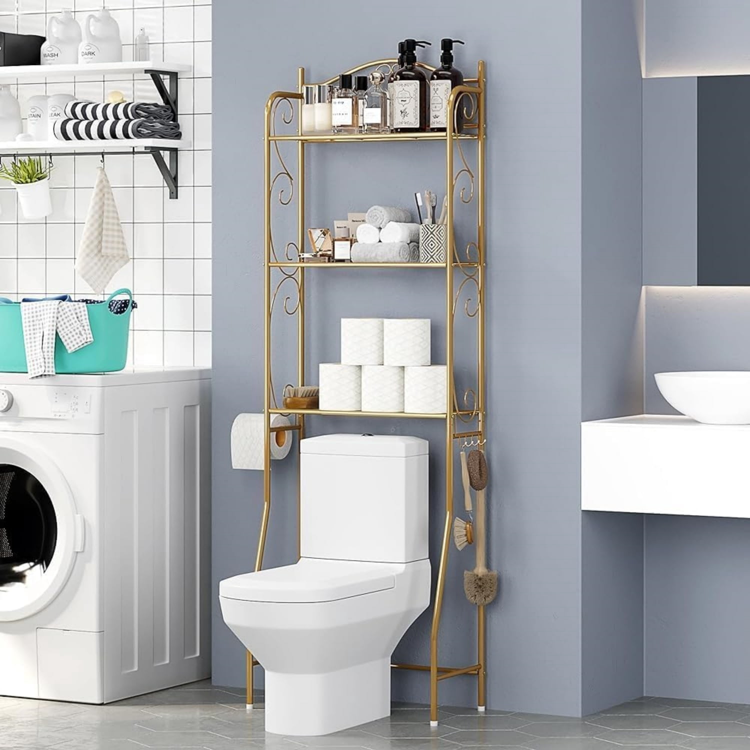Over The Toilet Storage Shelf, 3-Tier Over Toilet Bathroom Organizer Rack, Freestanding Space Saver Toilet Stands with Hooks, Gold