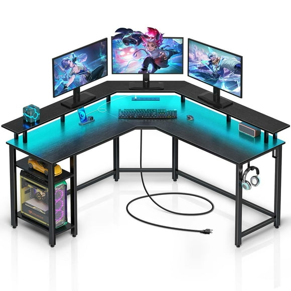 Rolanstar L Shaped Gaming Desk with LED Lights & Power Outlets, 56" Computer Desk with Full Monitor Stand & Storage Shelf, Corner Desk with Hooks, Black Desk Reversible