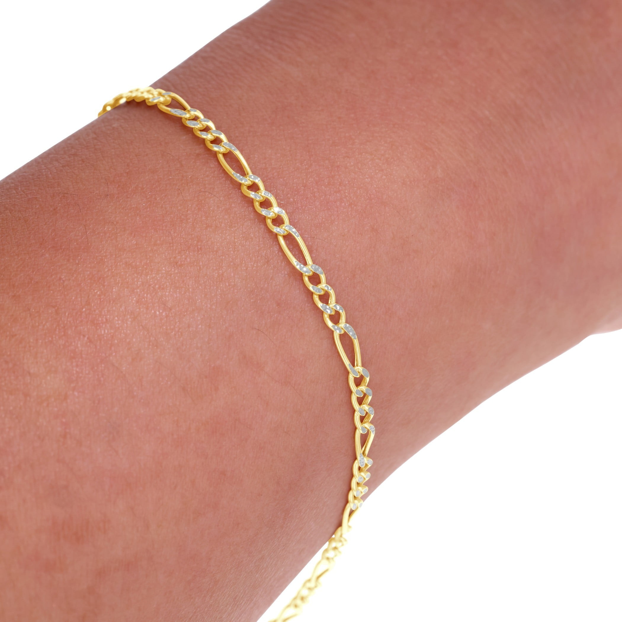 Nuragold 10k Real Yellow Gold Figaro Link 2.5mm Diamond Cut Two Tone Pave Chain Bracelet or Anklet (7"-9") Italian Jewelry for Men & Women