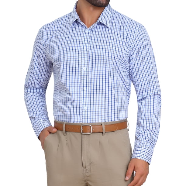 CAMISAS DE NEGOCIO DE MANGA LARGA PARA HOMBRES CON PATRÓN A CUADROS XL AZUL GRIS