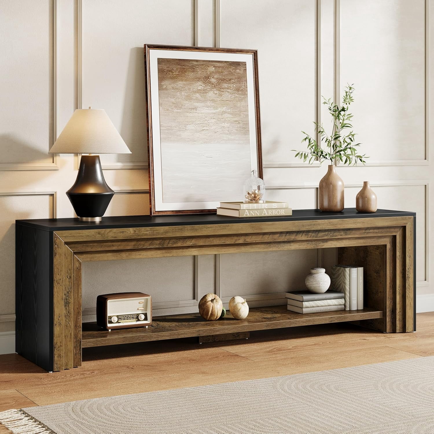 Tribesigns 70" TV Stand for 65/75/80-Inch TVs, Farmhouse Long Entertainment Center with Open Storage Shelves, Bedroom, Rustic Brown & Black
