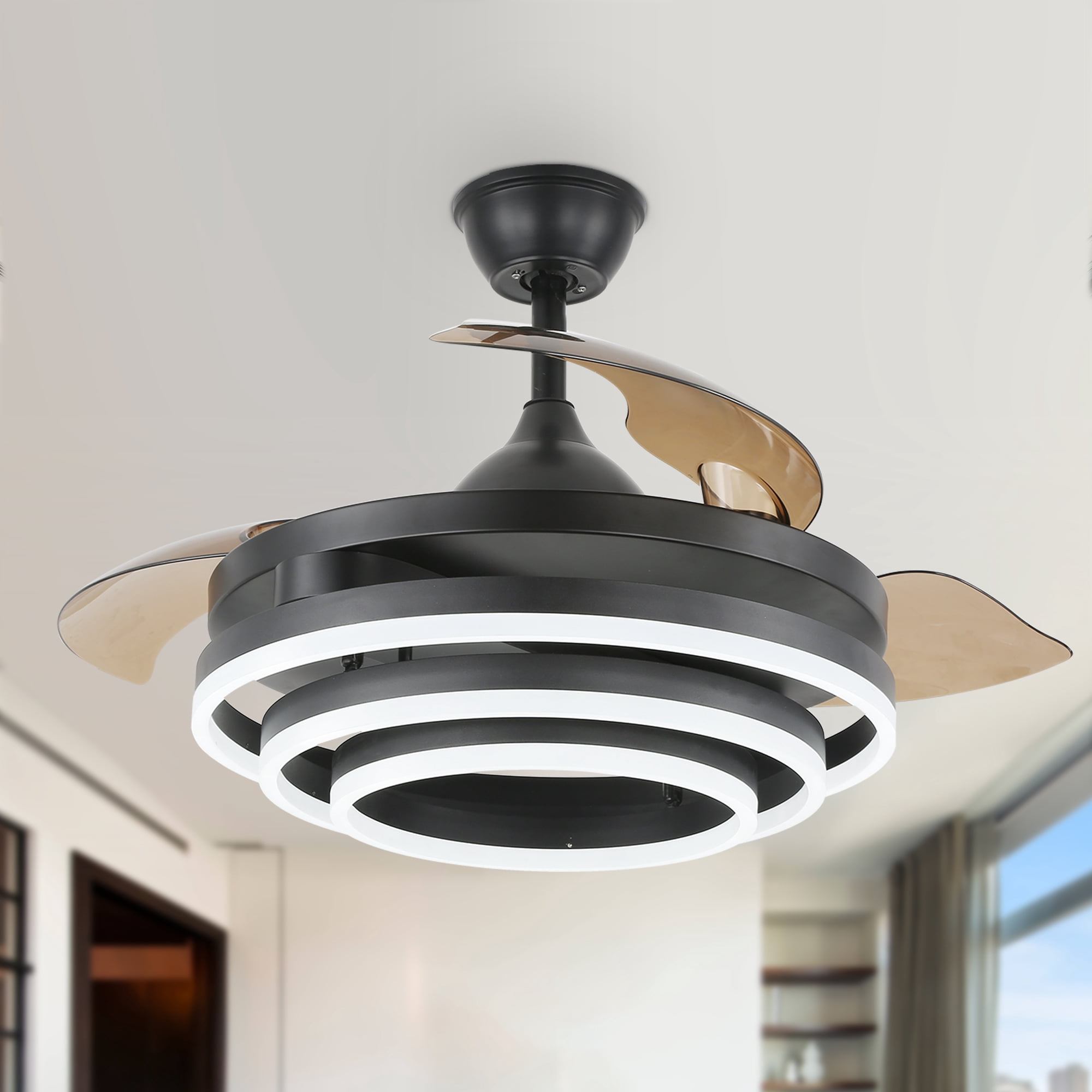 45W LED Retractable Ceiling Fan with Dimmable Remote Control, 42inch Black DIY Shape Reversible Ceiling Fan with 6-Speed and 3 Light Color