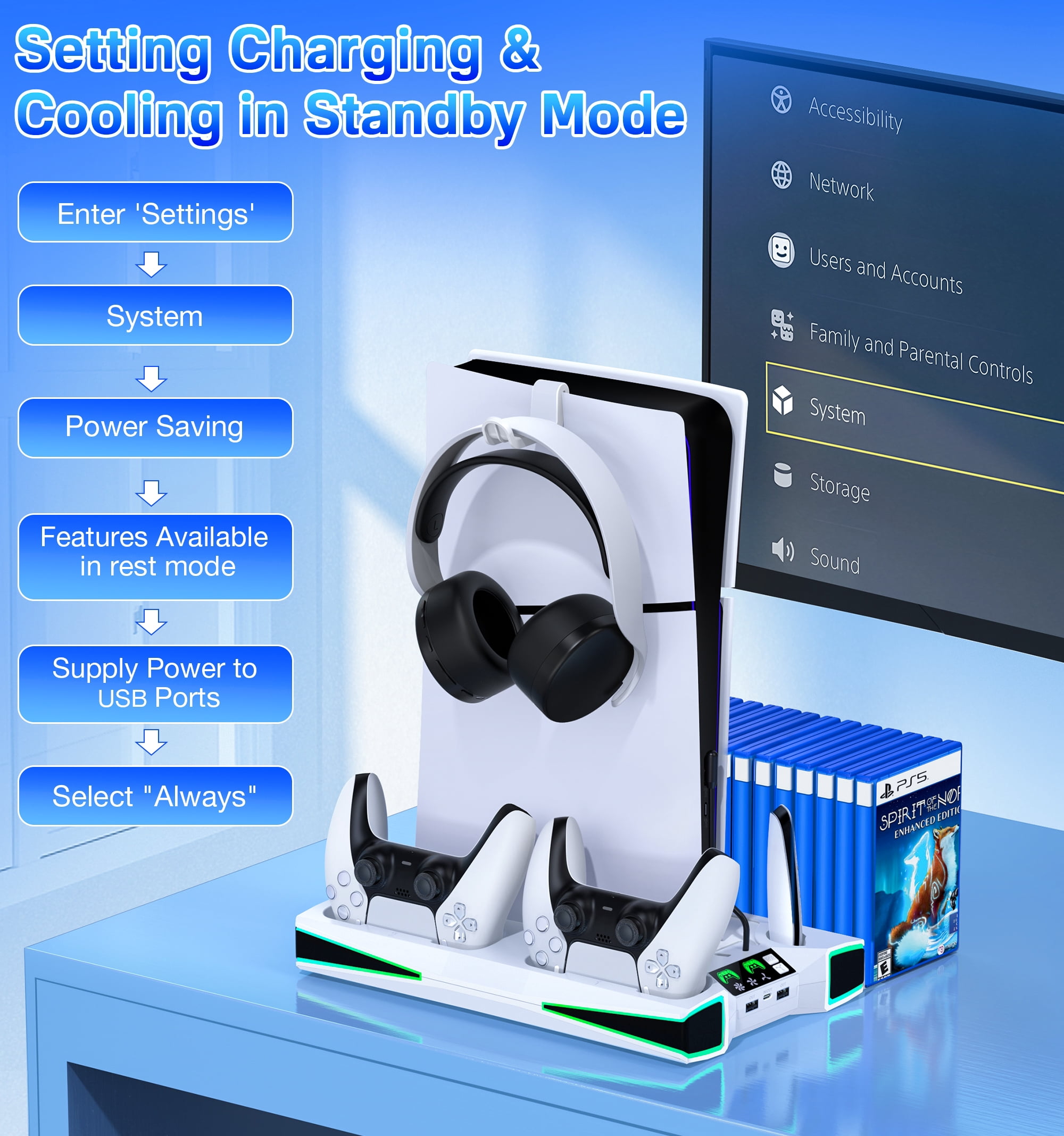 PS5 Stand Cooling Station for PS5/PS5 Slim with Controller Charger, ESYWEN PS5 Accessories for PlayStation 5- White