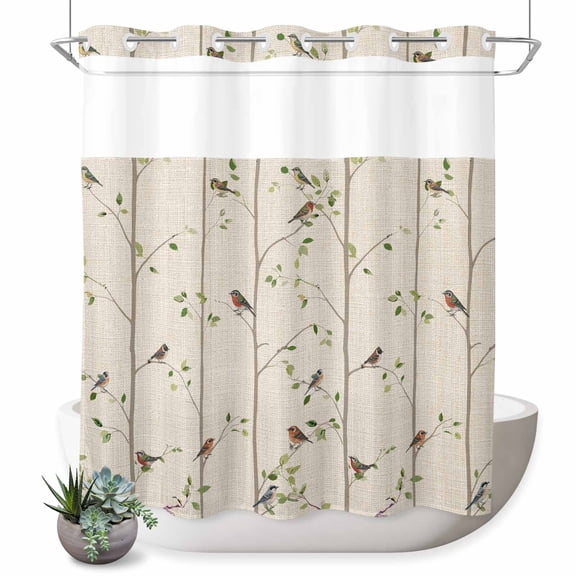 No Hook Shower Curtain, Sparrow Shower Curtains for Bathroom with See Through Top Window, Spring Birds on The Branches Retro Country Beige Waterproof & Washable Bath Curtain Long 72"x78"