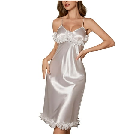 Taqqpue Women s Long Satin Slip Dress Nightgowns Sexy Lingerie Adjustable Strap Midi Dress Silky Gown V Neck Under Dress