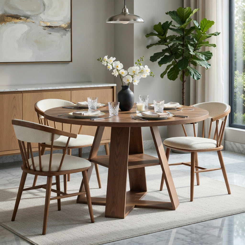 Hommoo 47.24 Inch Round Farmhouse Dining Table for 4-6 People, Kitchen Table with X-Cross Base & Built-in Storage Shelf, Walnut