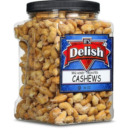 BBQ Honey Roasted Cashews by It's Delish, 36 Oz Reusable Jumbo Container Gourmet Cashew Nuts in Honey Sugar Coating and Barbecue Seasoning, Sweet & Savory Nut Snack - Vegan, Kosher Parve