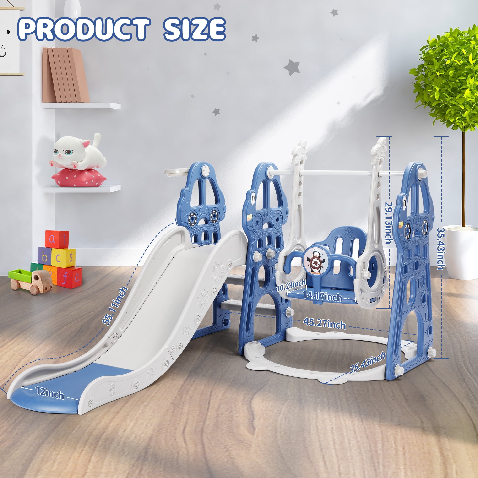 Easoger 4 in 1 Toddler Swing and Slide Unisex Child & Teen Swing Sets, Blue, 110 lb