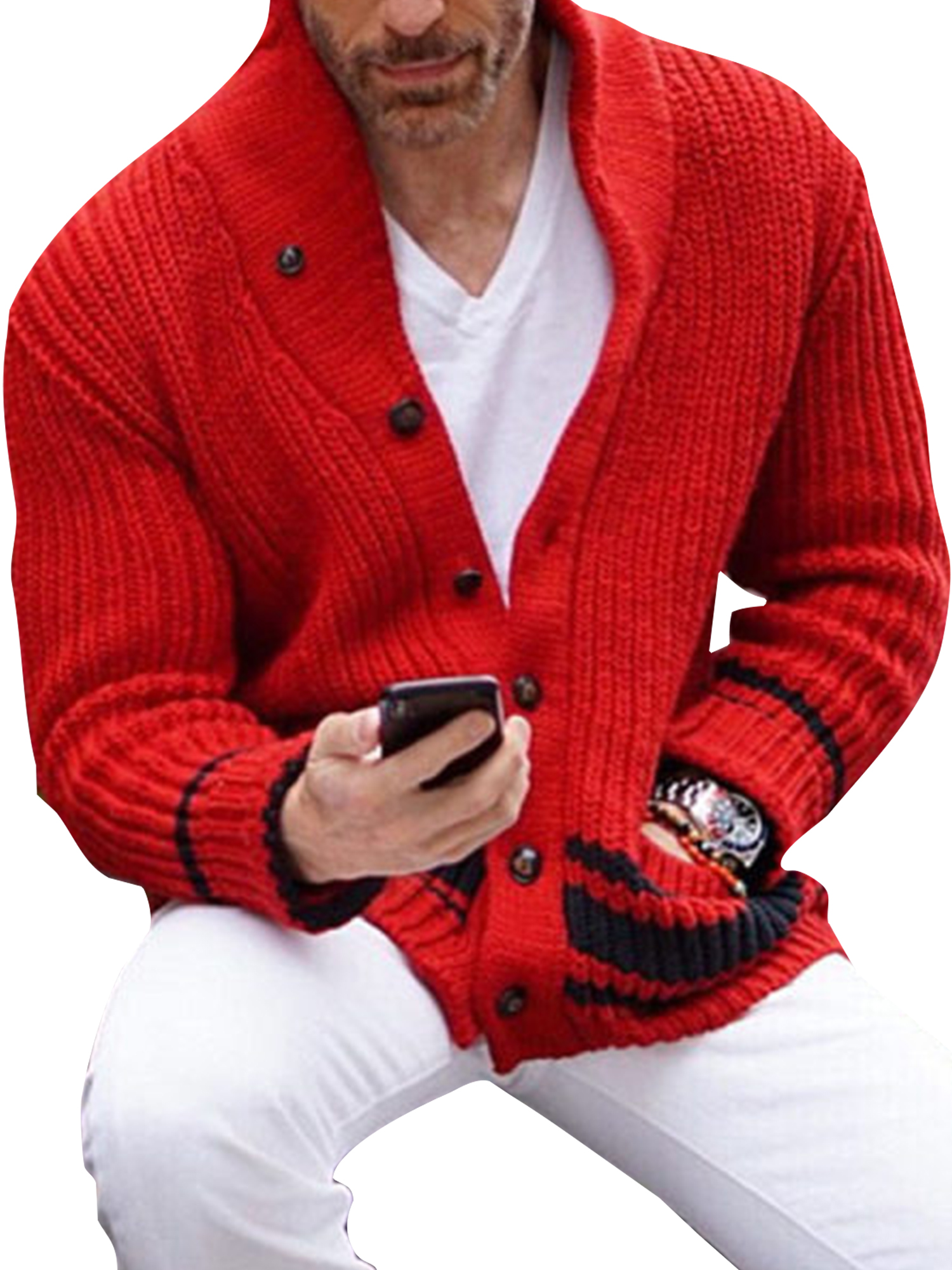 Grianlook Mens Chunky Knit Open Front Jacket with Pockets Winter Warm Button Down Cardigan
