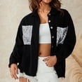 thumbnail image 4 of KOMOO Women Sequin Denim Jacket with Pockets Long Sleeve Lapel Loose Button Shirt Blouse Tassels Denim Coat Jackets, 4 of 9