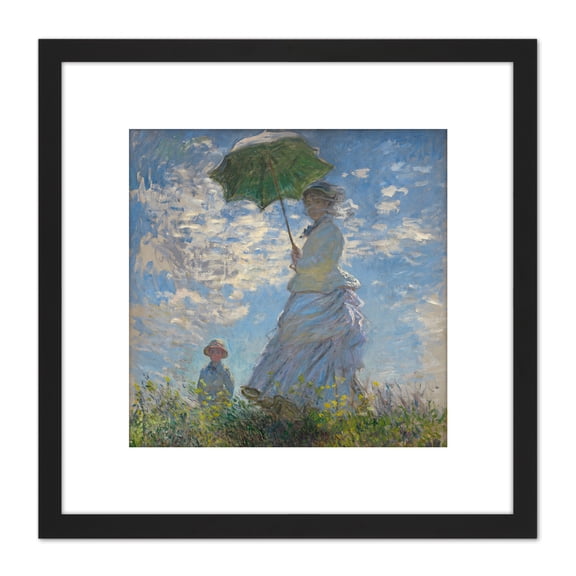 Claude Monet Woman With A Parasol Madame Monet And Her Son 8X8 Inch Square Wooden Framed Wall Art Print Picture with Mount