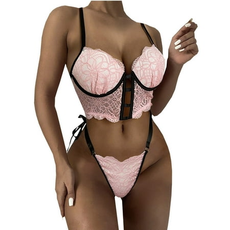 

VerPetridure Lingerie Sets for Women Sexy Naughty Women Sexy Solid Color Bralette Panty Strappy Lace Bow Lingerie Set