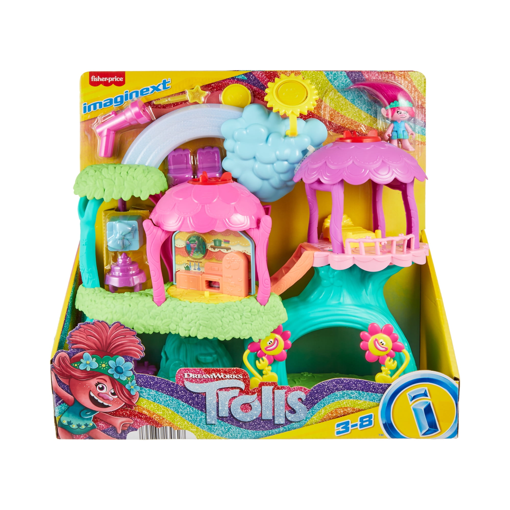 Imaginext Dreamworks Trolls Lights & Sounds Rainbow Treehouse Playset With Poppy, 7 Pieces
