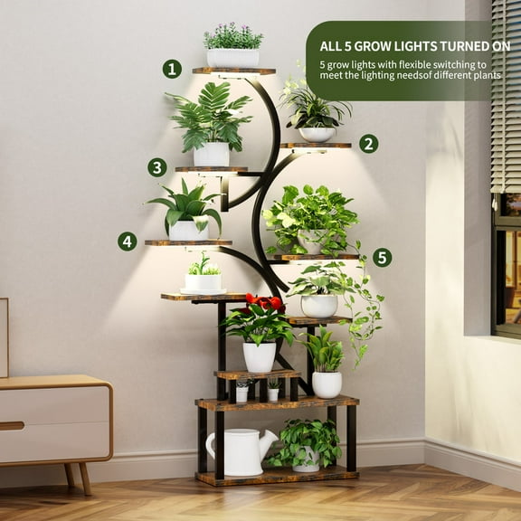 TICOZE 68.5" Tall 10-Tier Plant Stand with 5 Grow Lights, S-Shaped Corner Plant Rack for Indoor Plants, Perfect for Living Room, Garden & Patio