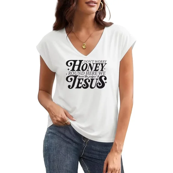 UNISHE Womens Dont Worry Honey Jesus Print T-Shirts Country Faith Sleeveless V Neck Tank Top White, M