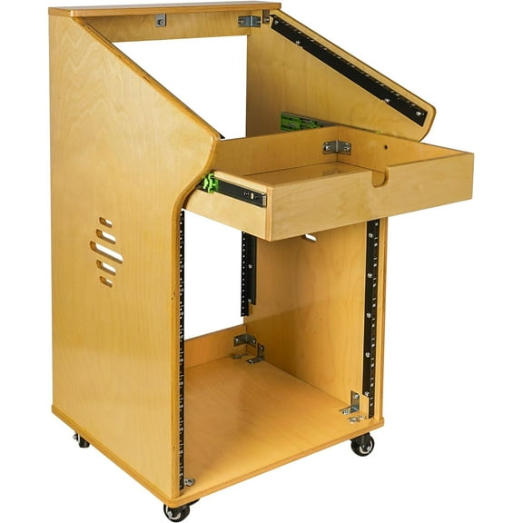 Sound Town DIY Studio Rack with 11U Slant Mixer Top,12U Front, 2U Drawer, Rubber Feet, Casters, Baltic Plywood, Golden Oak (SDRK-M11X12)