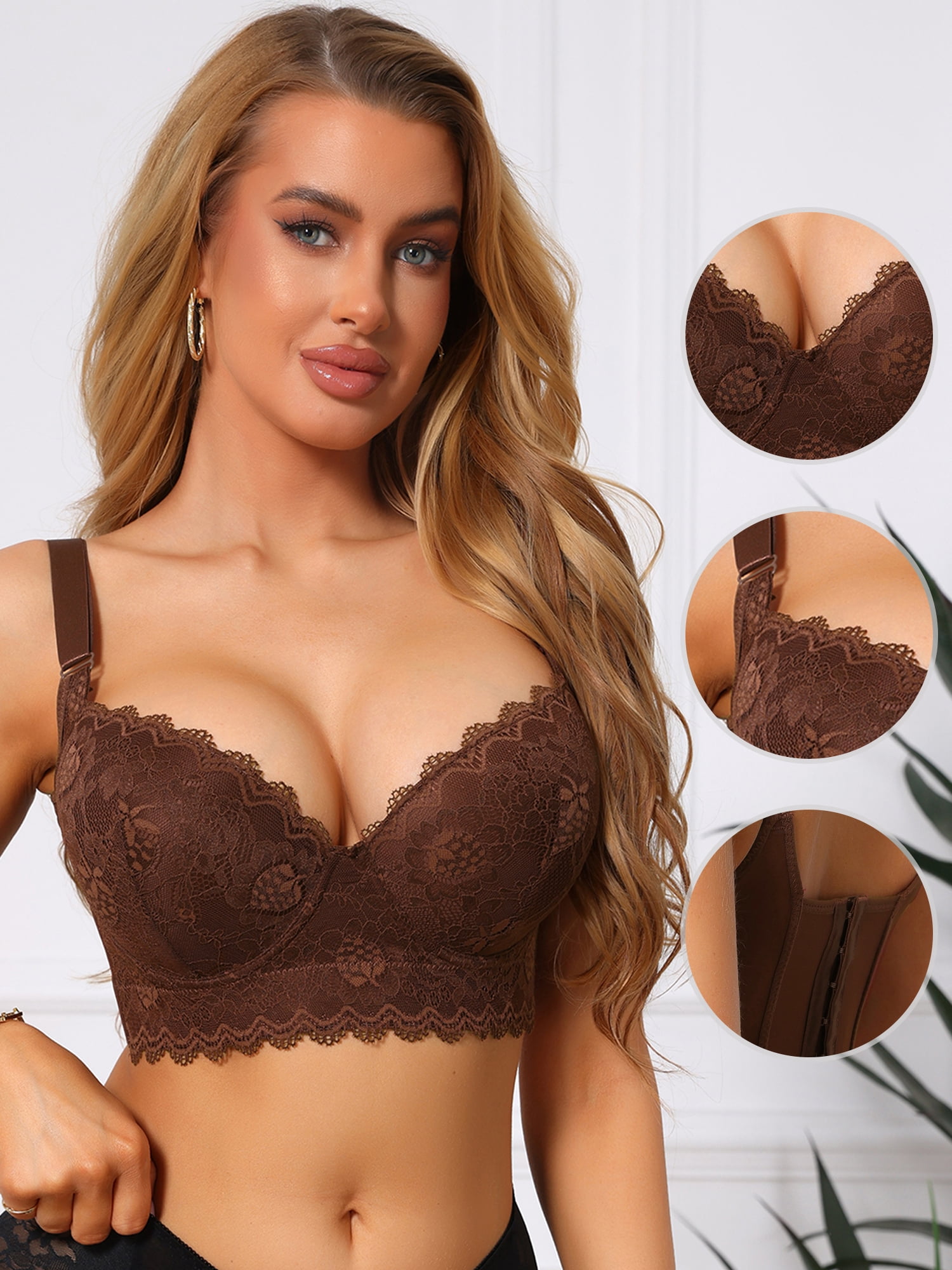 DARING DIVA Women's Underwire Bra Lace Bralettes Full Coverage V Neck C 50 Brown