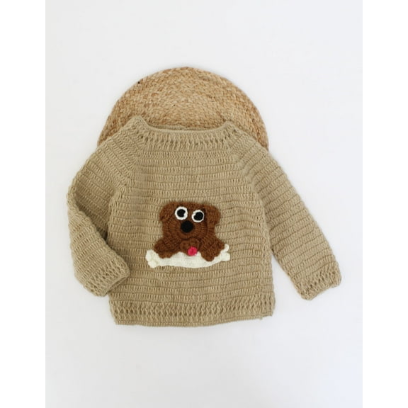 Woonie Handmade Full Sleeves Dog With Bone Detailing Sweater-Light Brown