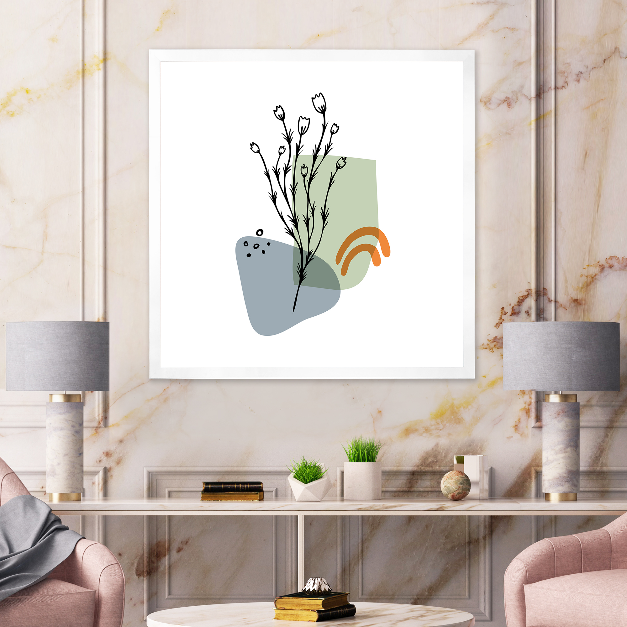 Designart 'Abstract Minimal Shapes Under Flowers II' Modern Framed Art Print