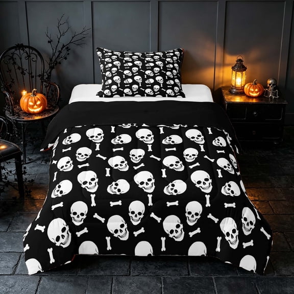 Homewish Happy Halloween Twin Comforter Sets, Gothic Skull Bone Bedding Set, Black White, Black Reversible, 2 Pieces 1 Comforter and 1 Pillowcase