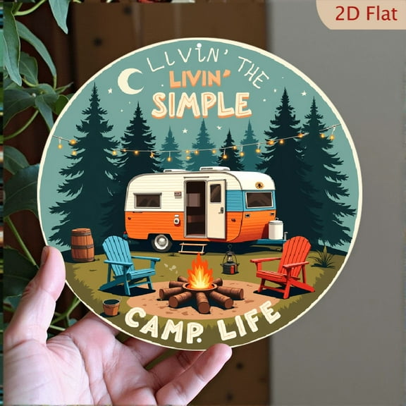 2D Flat, 1pc Vintage Camper Wall Art Decor - 8*8inch_ Round Aluminum Metal Plaque with Engraved Outdoor Scene, Rustic _Livin' the Simple Life_ Camping Sign for Garage, Cafe, Bar, Living Room