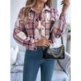 thumbnail image 4 of Women'S Long Sleeve Cropped Flannel Plaid Shacket Button Down Plaid Crop Short Jacket Coat Pink S, 4 of 10