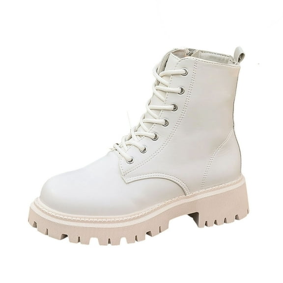 Xfvqtps Womens Fashion Winter Boots Chunky Sole Martin Boots Flatform Lace up Ankle Booties with Side Zipper Comfortable Round Toe Casual Shoes for Women Beige