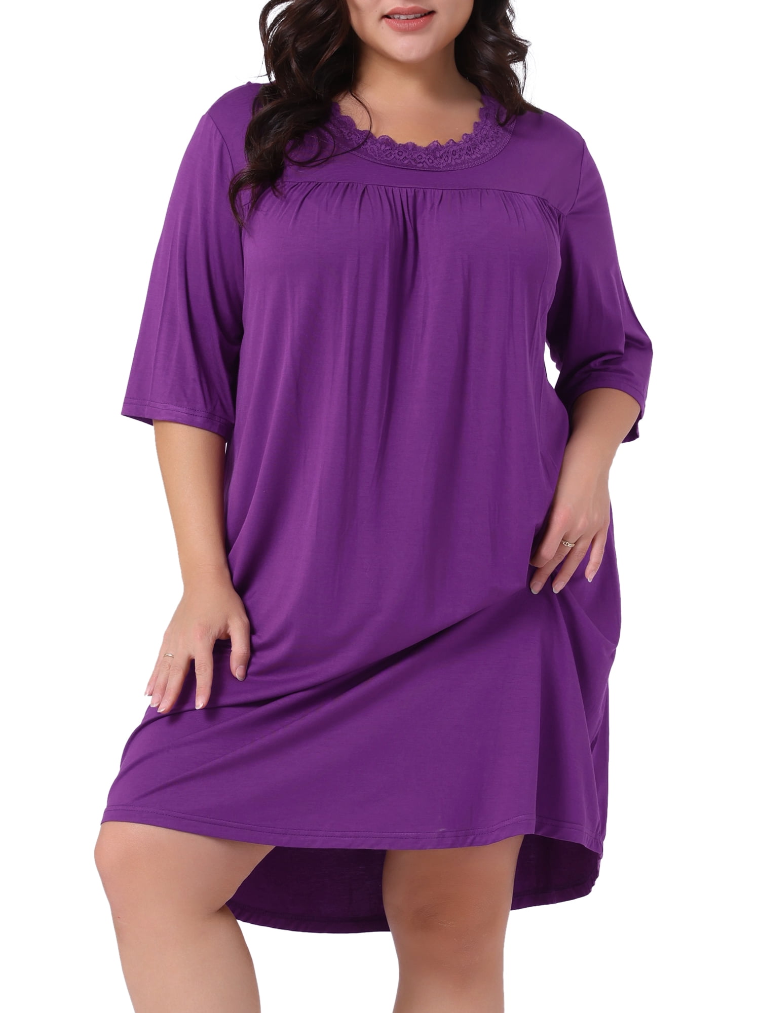 DARING DIVA Women's Plus Size 3/4 Sleeve Lace Crew Neck Comfy Nightgown 3X Purple
