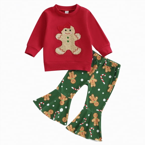 REgarm Toddler Baby Girl Christmas Outfit Gingerbread Candy Cane Sweatshirt Bell Bottom Pants Set Infant Fall Winter Clothes (Red,18-24 Months)