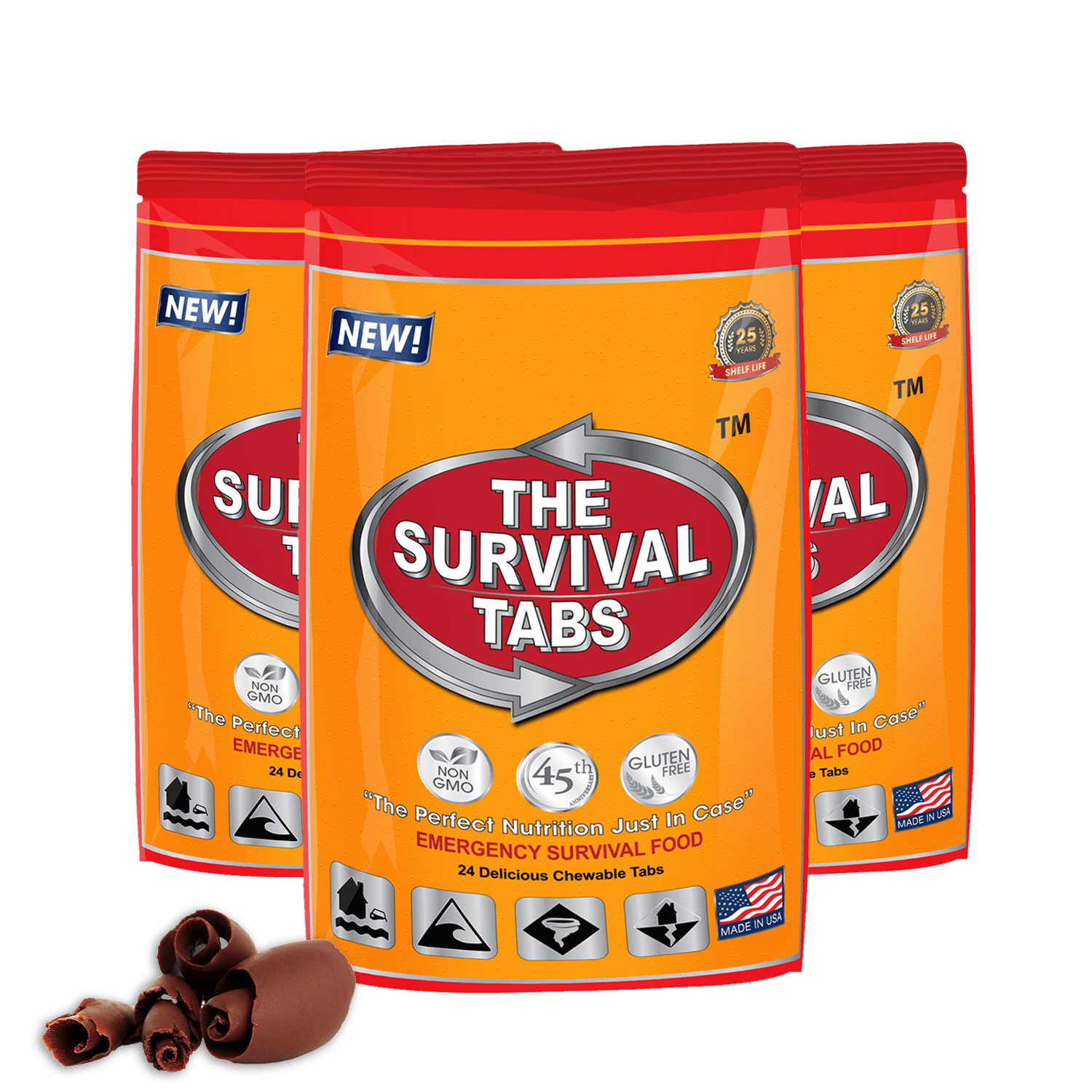 6 days Emergency survival food tabs none-GMO gluten-free 25 years shelf life 24 Tabs Chocolate x 3 pouches