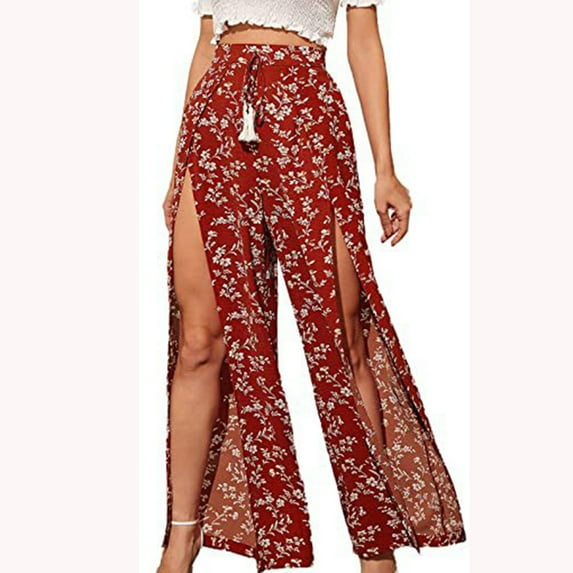 Lilgiuy Women's Casual Tassel Lace Up Printed Split Wide Leg Pants Best Gift for Friends or Family