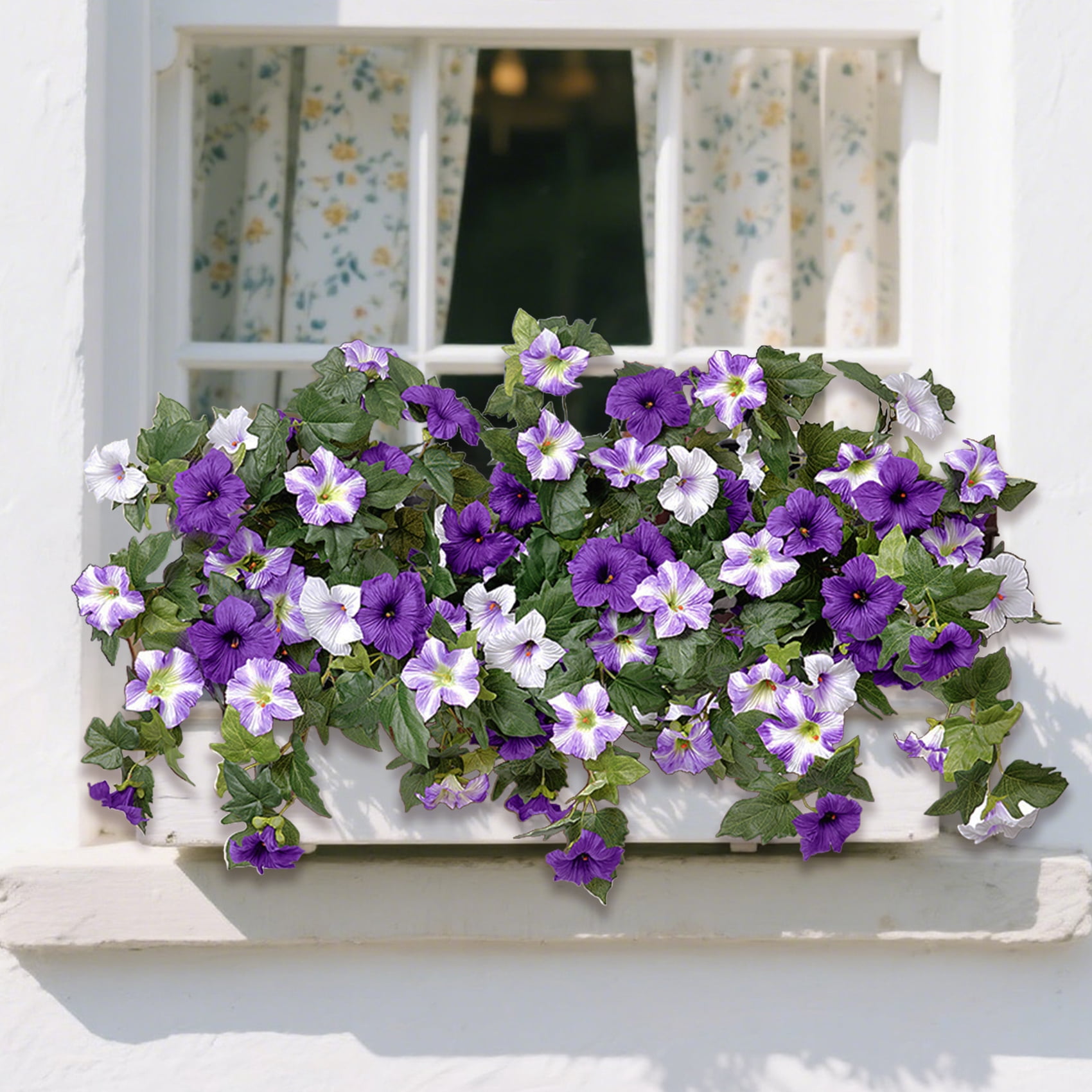 Scidweet Artificial Flowers for Outdoors, 2Pcs UV Resistant Faux Fake Petunias Silk Flower Plants for Home Garden Front Porch Indoor Decor, Purple White