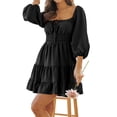 thumbnail image 3 of Square Neckline Women Solid Color 3/4 Sleeve Elastic Mini Dress, 3 of 5