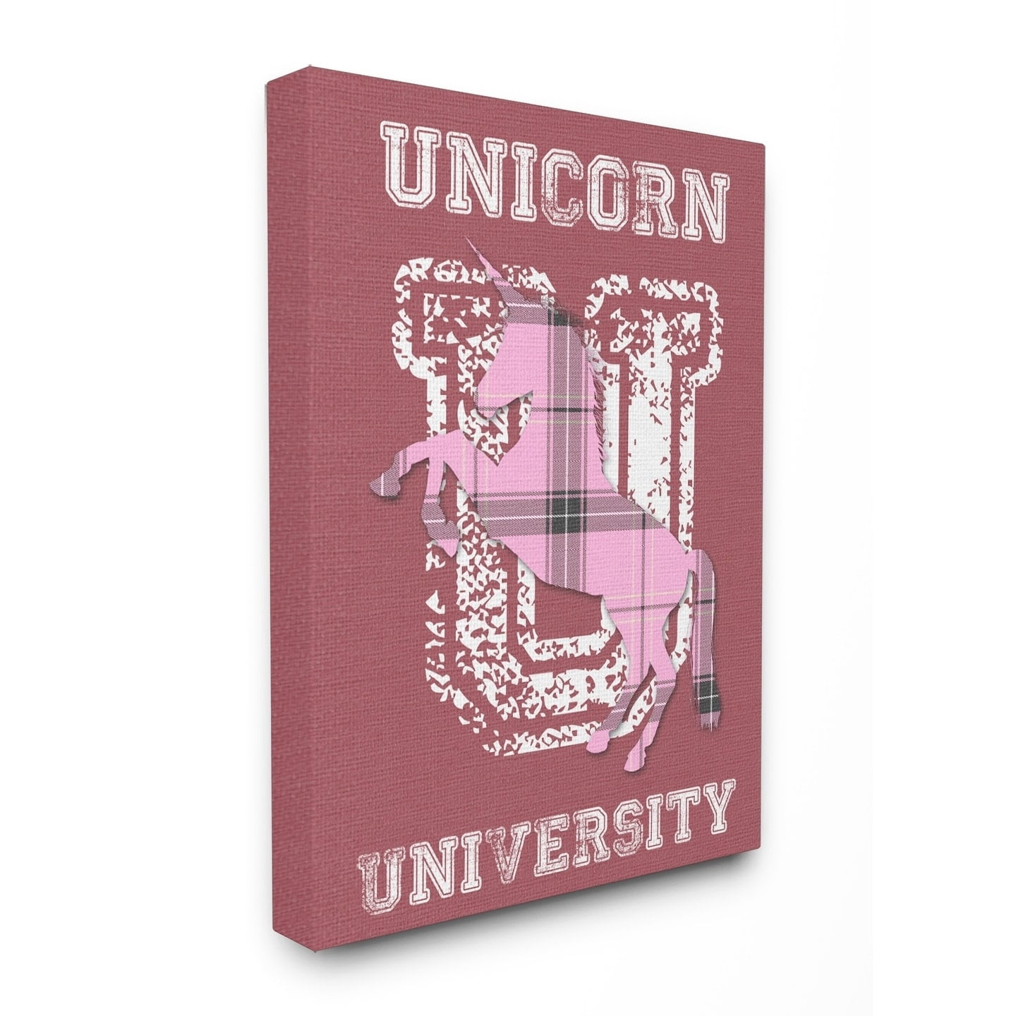Stupell Unicorn University Pink Plaid Stretched Canvas Wall Art 24 x 30