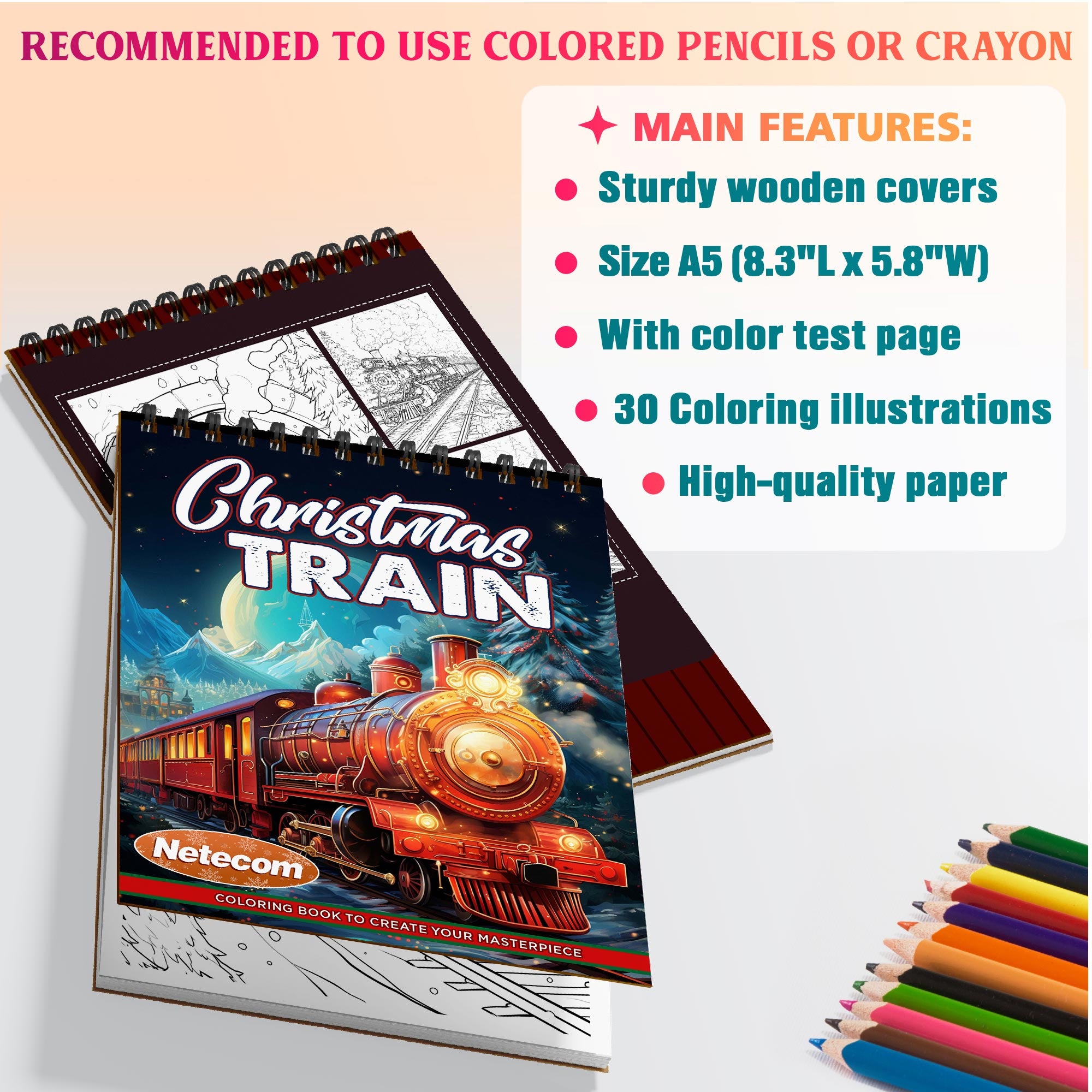 Netecom Christmas Train Coloring Book Spiral Bound for Adults, A5 Wooden Cover, 30 Enchanted Coloring Pages of Stunning Christmas Train for Stress Relief and Relaxation