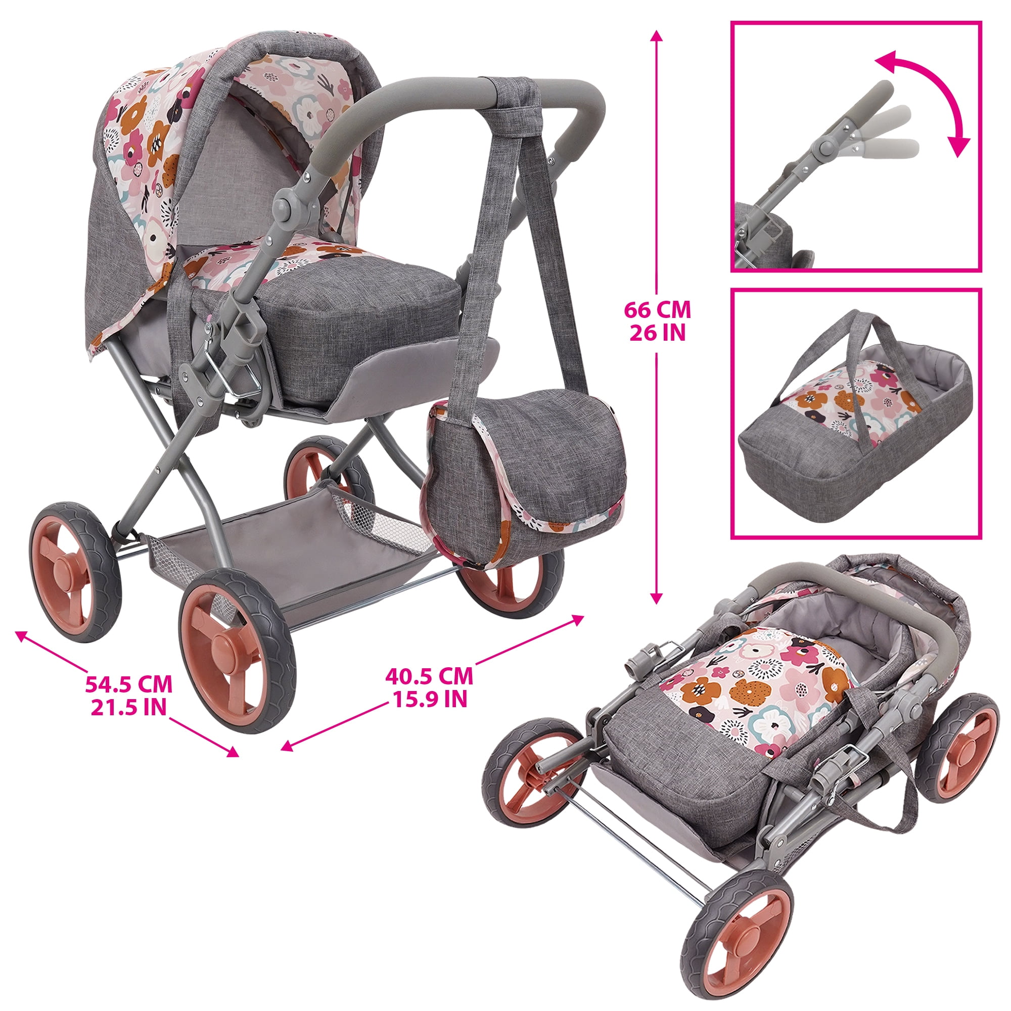 509 Crew: Melange Flora - Kelly Deluxe Doll Pram - Matching Bag, Removable  Carrycot, Large Canopy, Shopping Basket, Doll Accessory, Kids Toy, Ages 3+  - Walmart.com