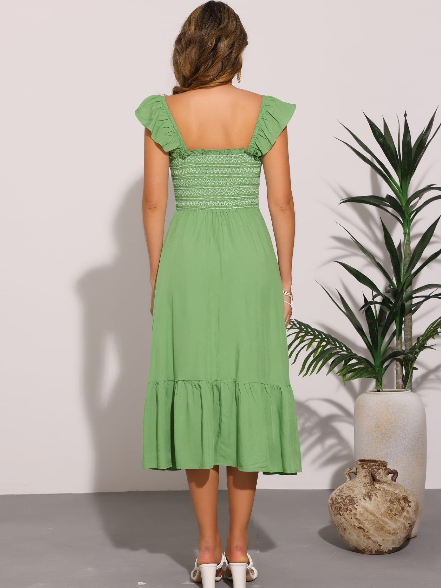 DARING DIVA Square Neck Boho Sleeveless Ruffle Tiered Smocked Sundress L Dark Green
