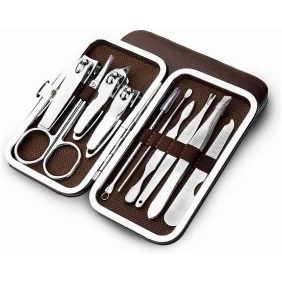 12Pcs Stainless Steel Manicure Pedicure Set Portable Leather Case Professional Nail Clipper Tools Kit Cuticle Remover Grooming Tools for Men Women Home Travel Use