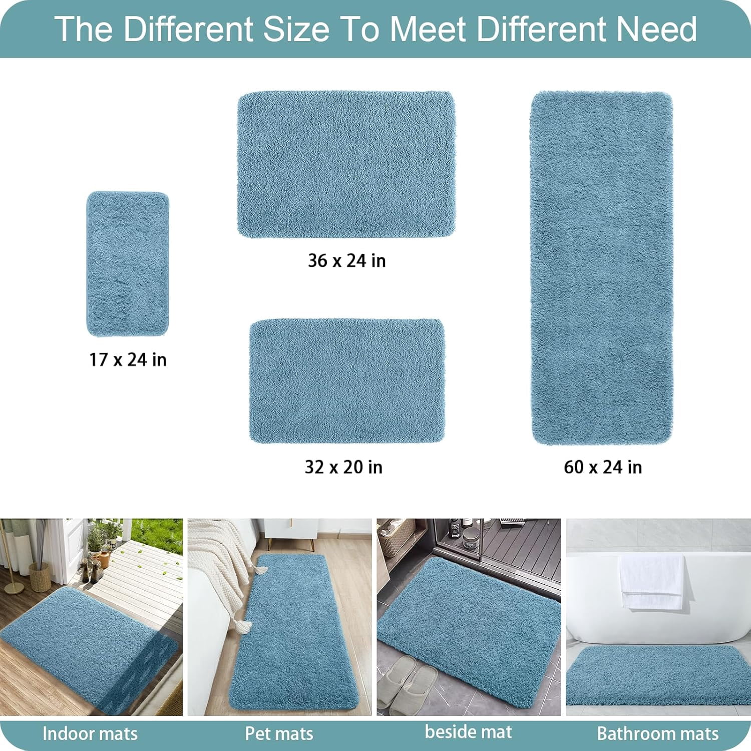 Luxury Long Bathroom Runner Rug, 24x72 Inch Thick Soft and Absorbent Non Slip Bath Mat, Rubber Backing Quick Dry Rugs Carpets, Machine Washable Plush Mats for Shower Floor, Little Blue