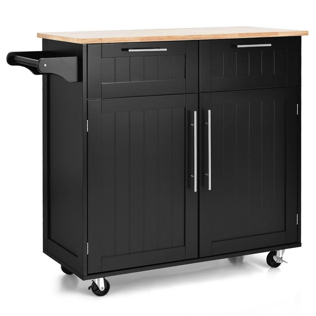 Giantex Chariot Îlot de Cuisine Roulant Chariot de Rangement Chariot de Service Polyvalent avec Rangement, Roues Verrouillables, Porte-Serviettes et Dessus en Bois de Caoutchouc (Noir)