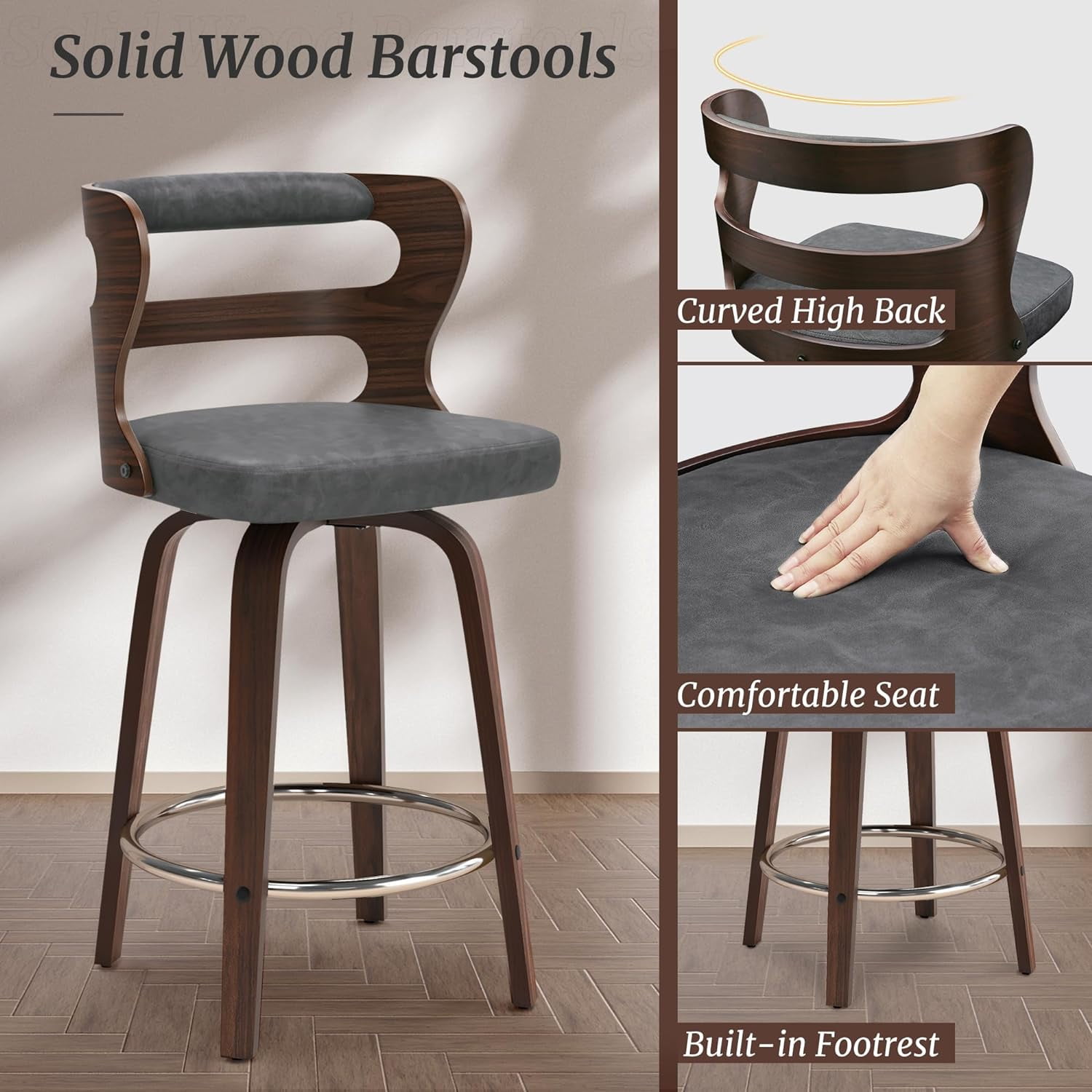 Dycanpo 26" Counter Height Bar Stools, Swivel Counter Stools with Back for Kitchen Island, Dark Gray