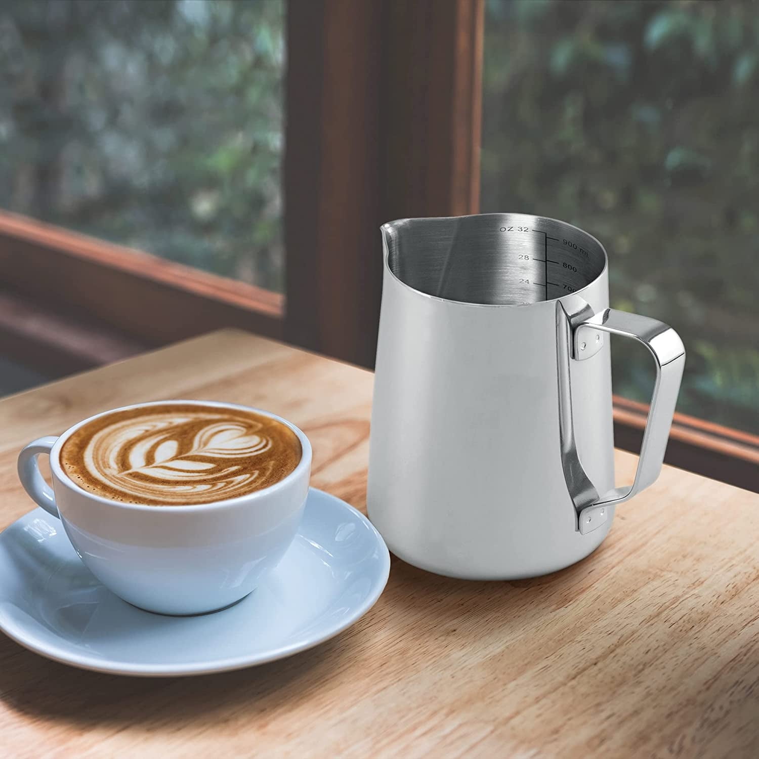 Zulay Kitchen 32oz Stainless Steel Milk Frothing Pitcher - Milk Frother Cup  - Easy-to-Clean Espresso Accessories - Easy-to-Read Creamer Measurements 